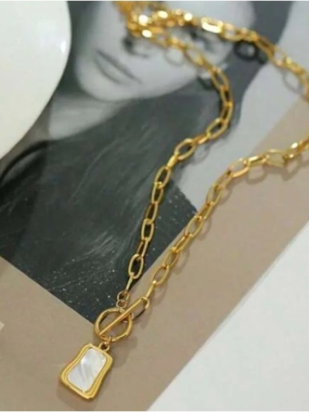 Gold Tone Chain Necklace with White Pendant - Women Jewelry
